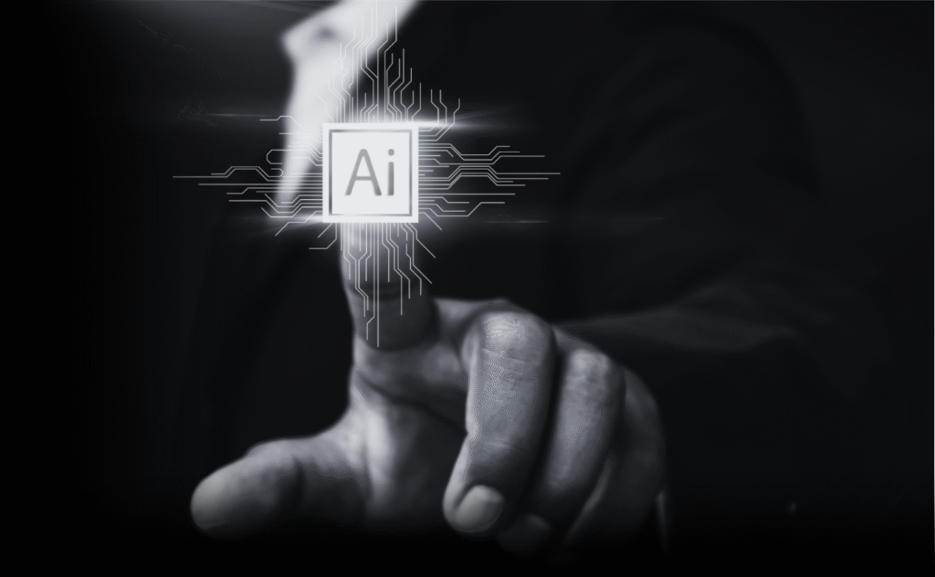 black and white image of finger pointing to AI icon