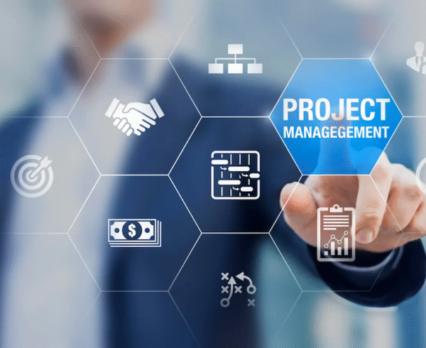 person pointing to project management
