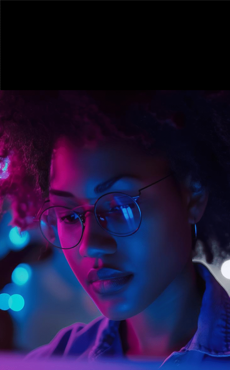 Girl in purple and blue shadows looking at computer