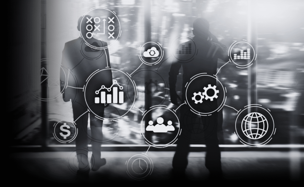 black and white photo of people with tech icons floating