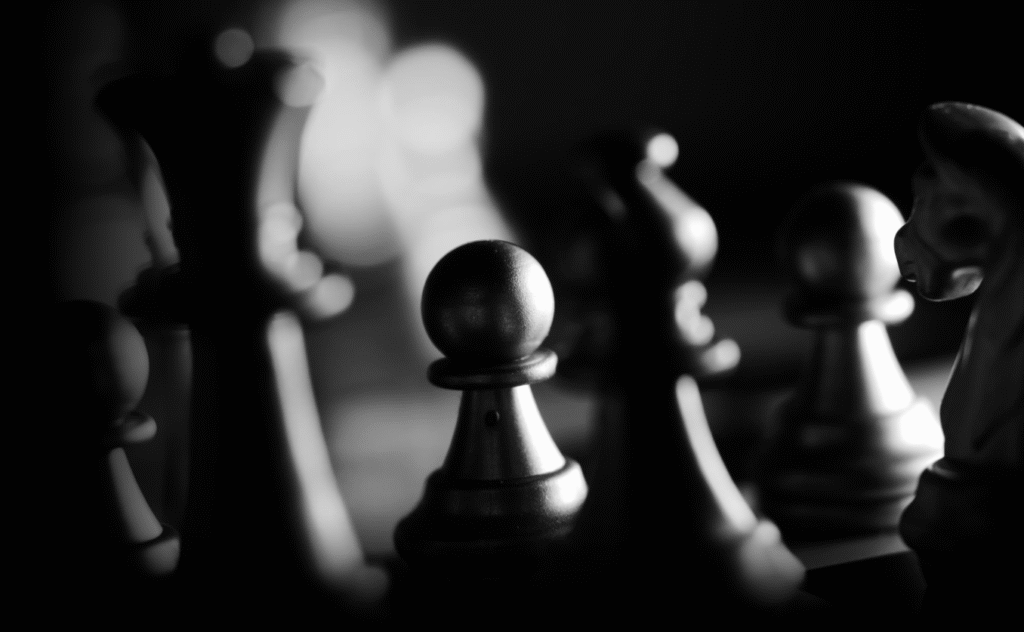 black and white photo of chess pieces