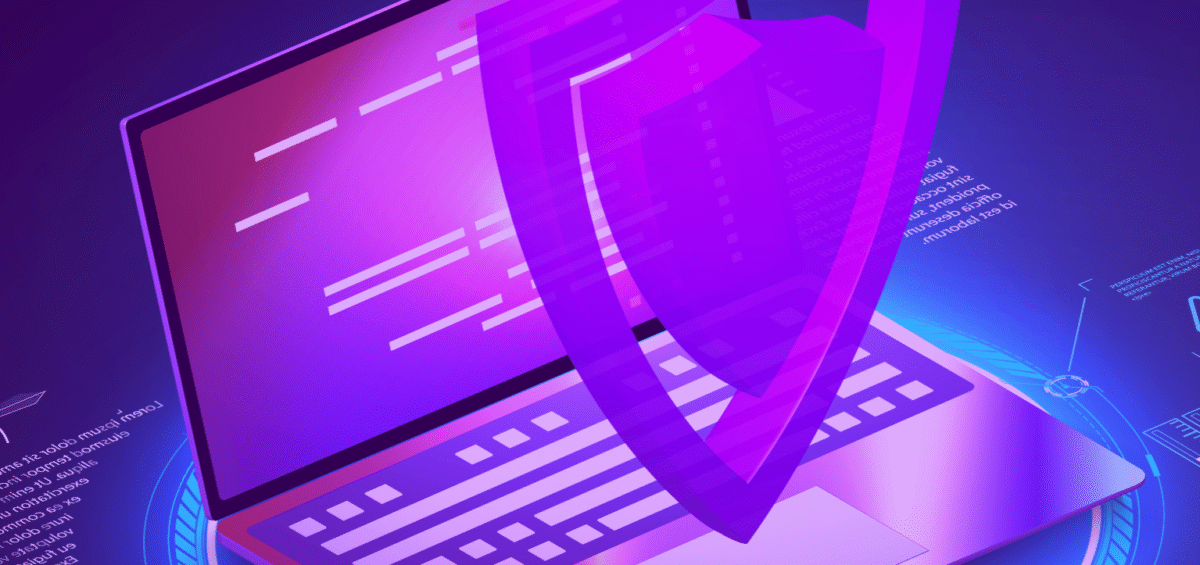 laptop with cybersecurity logo floating above it