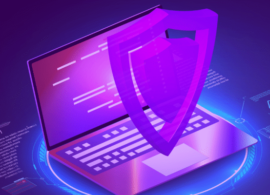 laptop with cybersecurity logo floating above it