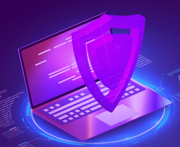 laptop with cybersecurity logo floating above it