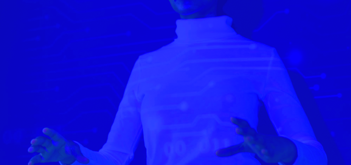 person with blue overlay