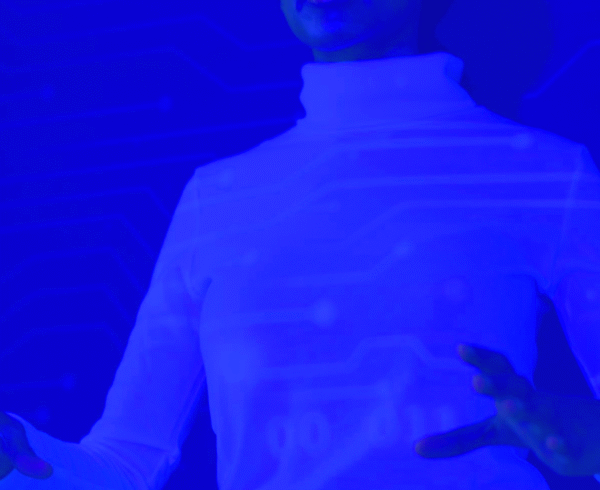 person with blue overlay