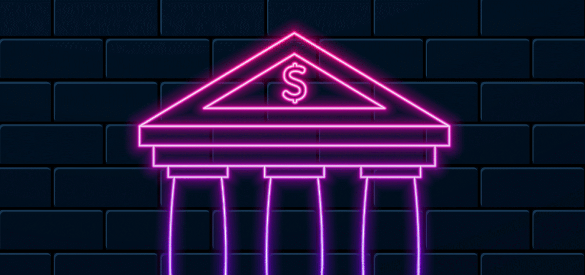 neon bank on gray brick background