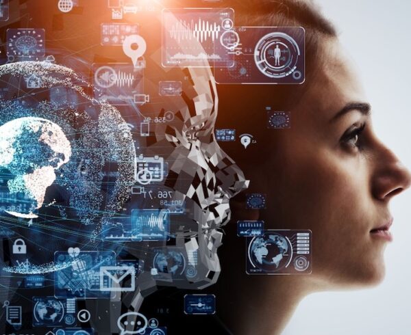 female leader with ai face mirroring