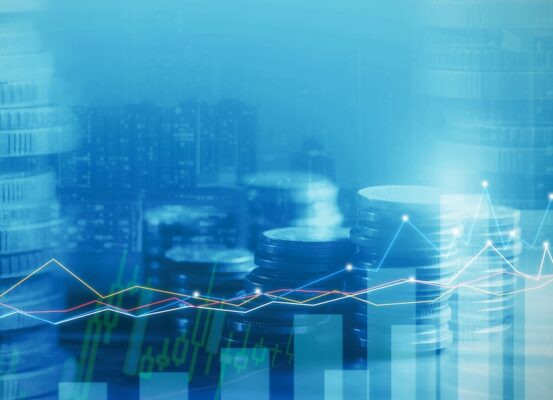 blue image of coins and graph