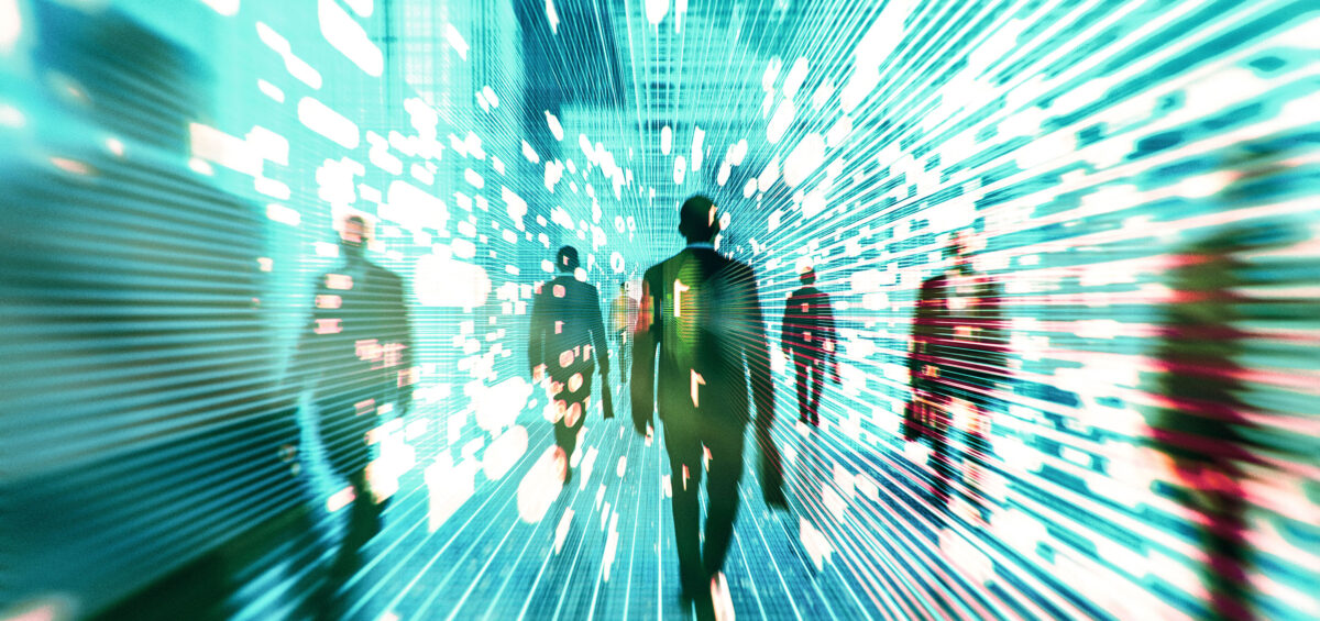 turquoise futuristic image of abstract people walking