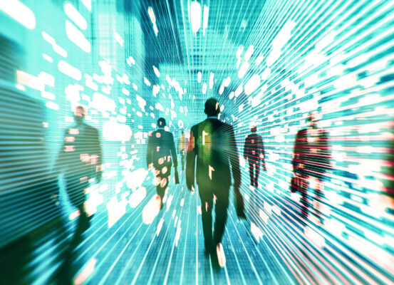 turquoise futuristic image of abstract people walking