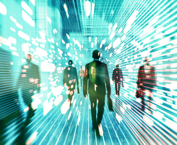 turquoise futuristic image of abstract people walking