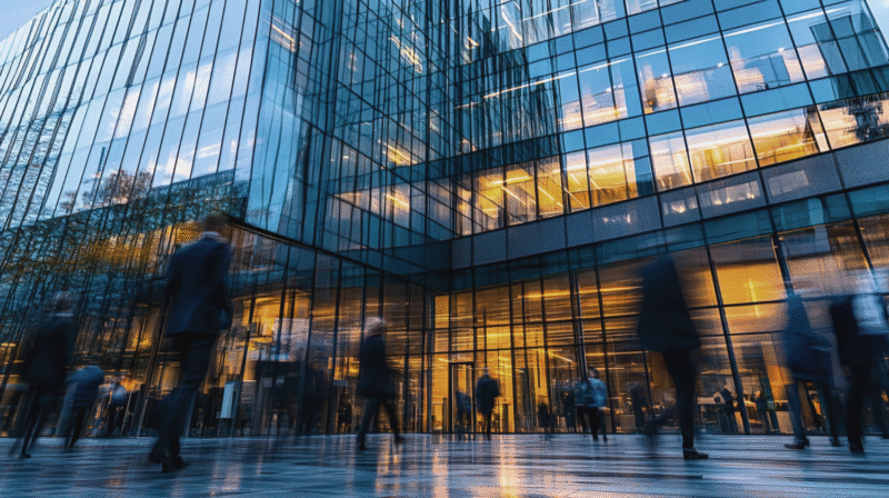 building with blurry people walking by