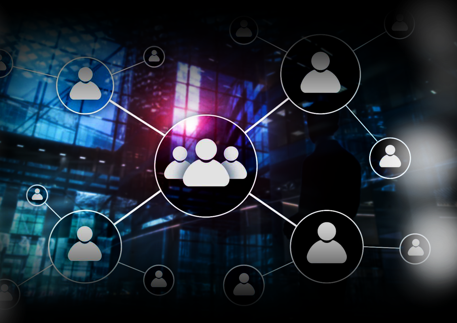 people icons over purple and blue background