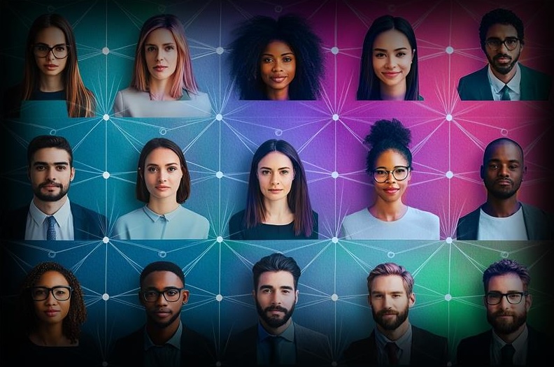 headshots of people on technology background