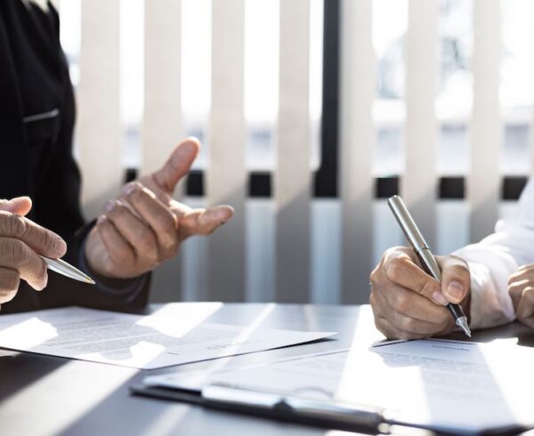 People signing important form